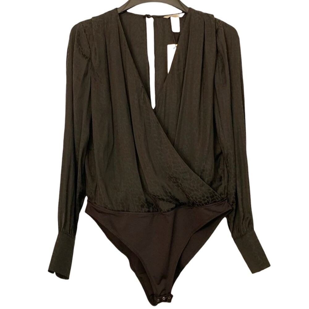 NWT Women's H&M V-Neck Long Sleeve Draped Bodysuit Black Size 10